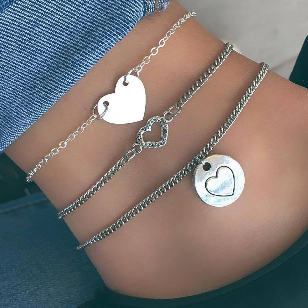 3 Pieces Set Punk Alloy Anklet For Women With Heart Shape Tassel And Rhinestone Inlay
