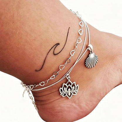 3 Pieces Set Women’s Alloy Braid Anklets Featuring Lotus Pattern With Shell Inlay