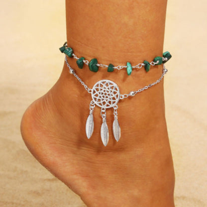 Women’s Green Alloy Anklet With Turquoise Inlay Featuring Dreamcatcher Pattern, Perfect For Wedding Foot Jewelry