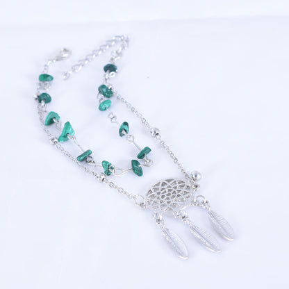 Women’s Green Alloy Anklet With Turquoise Inlay Featuring Dreamcatcher Pattern, Perfect For Wedding Foot Jewelry