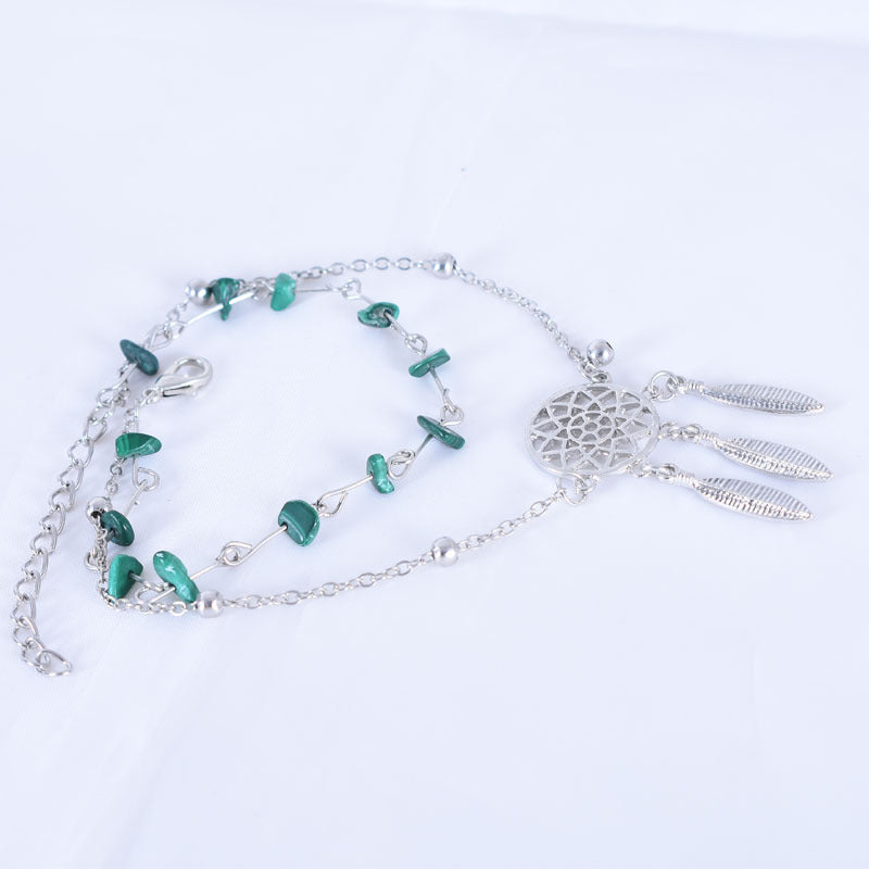 Women’s Green Alloy Anklet With Turquoise Inlay Featuring Dreamcatcher Pattern, Perfect For Wedding Foot Jewelry