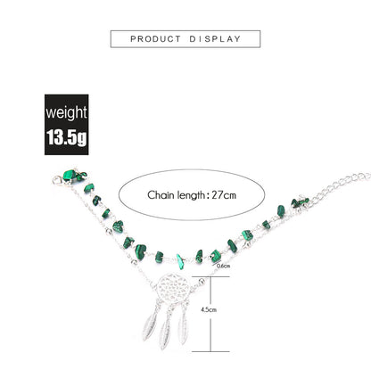 Women’s Green Alloy Anklet With Turquoise Inlay Featuring Dreamcatcher Pattern, Perfect For Wedding Foot Jewelry