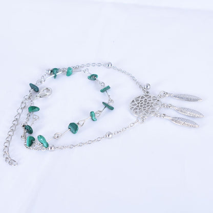 Women’s Green Alloy Anklet With Turquoise Inlay Featuring Dreamcatcher Pattern, Perfect For Wedding Foot Jewelry