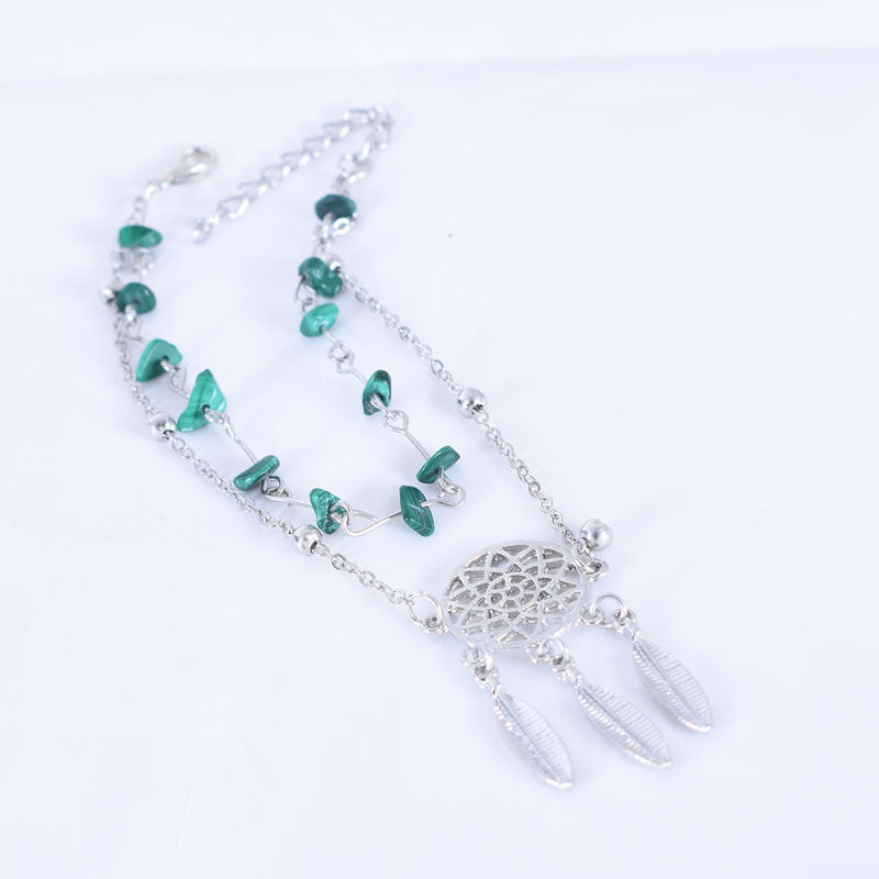 Women’s Green Alloy Anklet With Turquoise Inlay Featuring Dreamcatcher Pattern, Perfect For Wedding Foot Jewelry