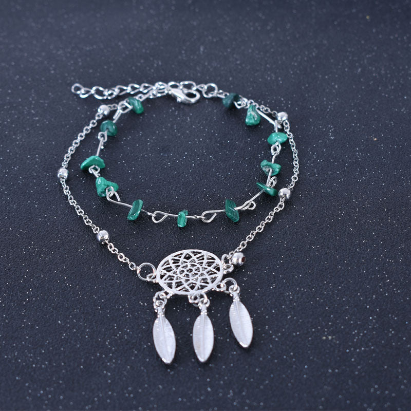 Women’s Green Alloy Anklet With Turquoise Inlay Featuring Dreamcatcher Pattern, Perfect For Wedding Foot Jewelry
