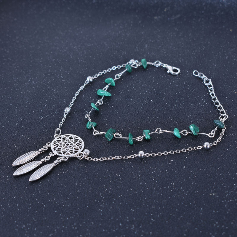 Women’s Green Alloy Anklet With Turquoise Inlay Featuring Dreamcatcher Pattern, Perfect For Wedding Foot Jewelry