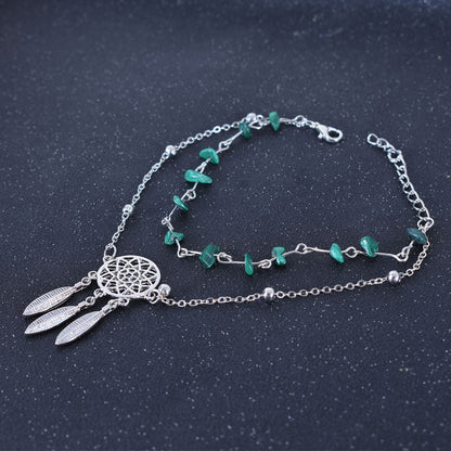 Women’s Green Alloy Anklet With Turquoise Inlay Featuring Dreamcatcher Pattern, Perfect For Wedding Foot Jewelry