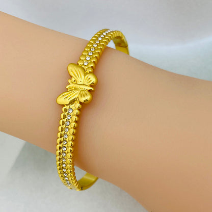 Geometric Electroplated Bangle For Women In 304 Stainless Steel With 18K Real Gold Plated PVD Coating And Rhinestone Inlay