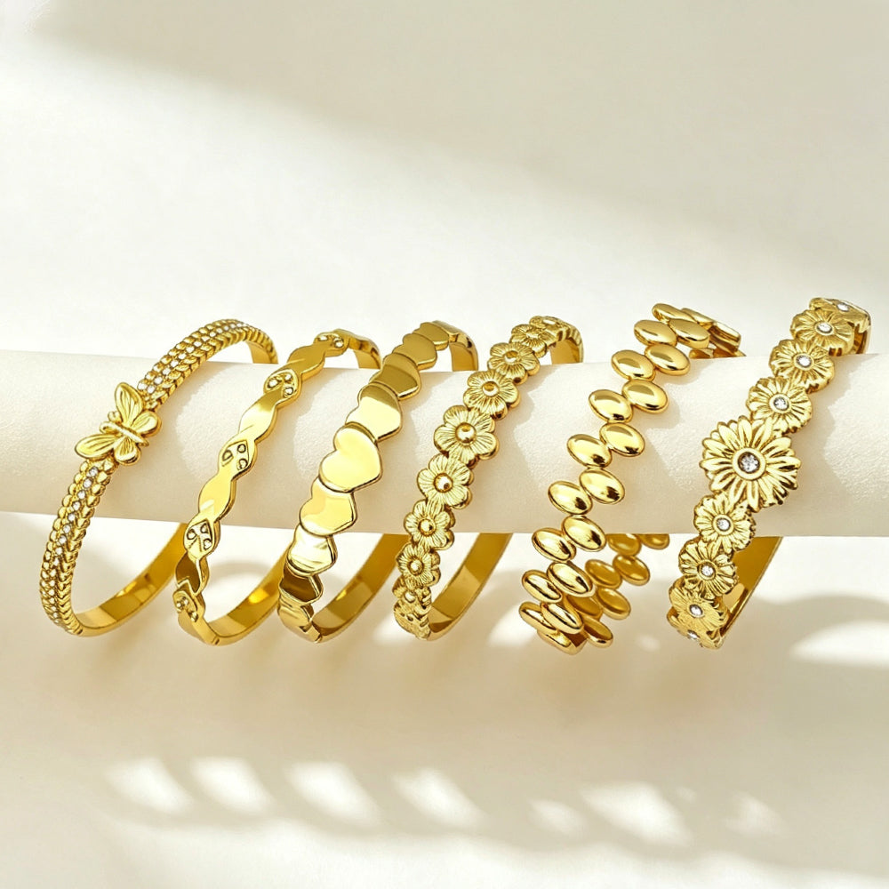 Geometric Electroplated Bangle For Women In 304 Stainless Steel With 18K Real Gold Plated PVD Coating And Rhinestone Inlay