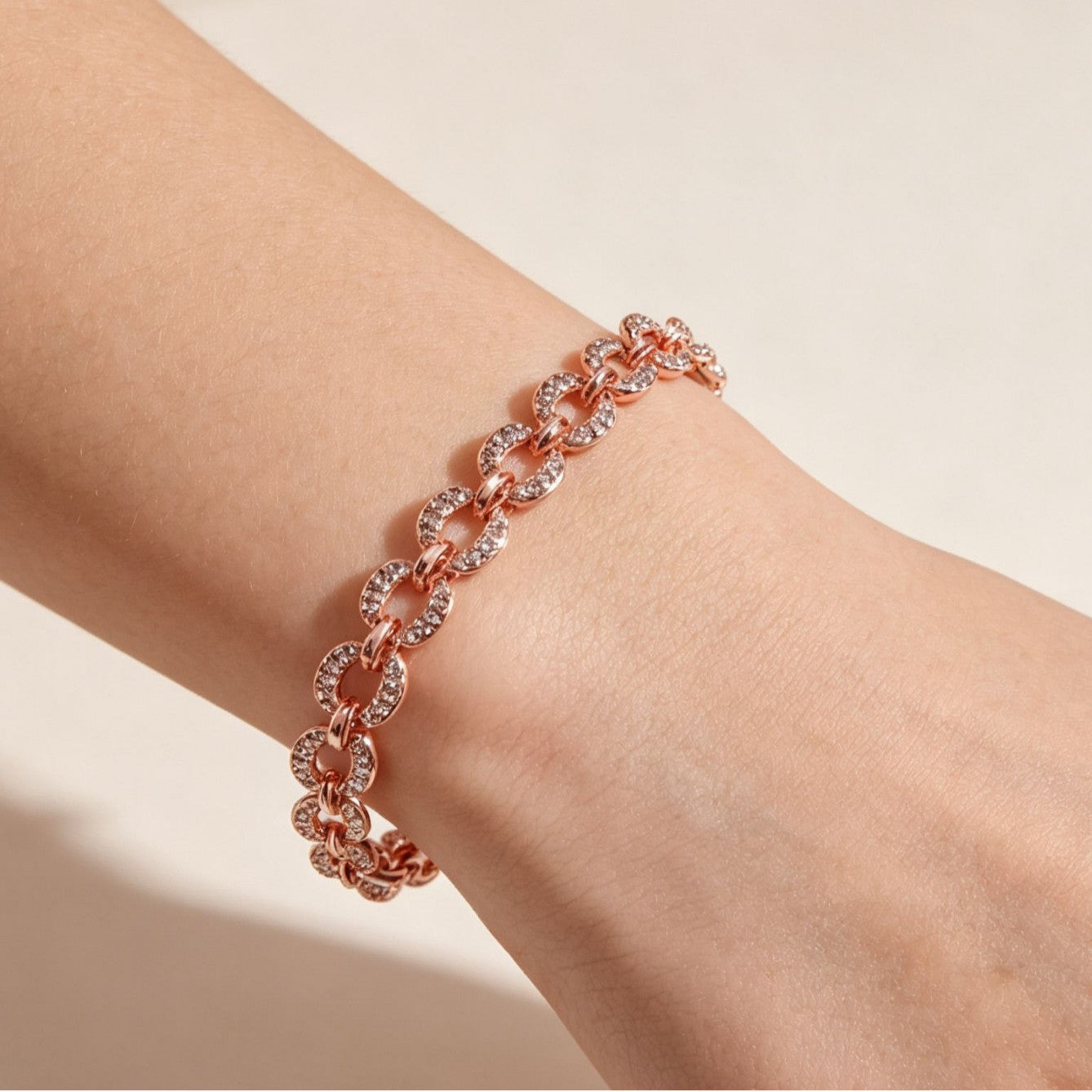 Geometric Rose Gold Alloy Bracelet For Women With Rhinestone Inlay, Perfect Travel Accessory