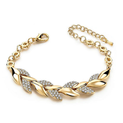 Gold Leaves Bracelet For Women Featuring Electroplated Zinc Alloy With Rhinestone Inlay