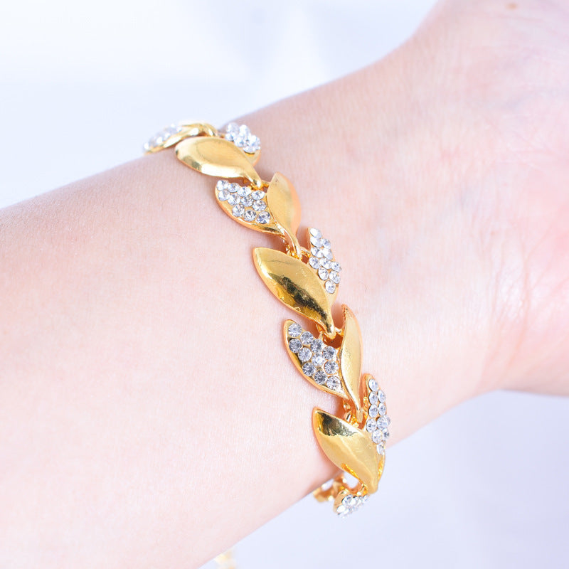 Gold Leaves Bracelet For Women Featuring Electroplated Zinc Alloy With Rhinestone Inlay