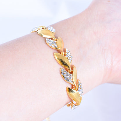 Gold Leaves Bracelet For Women Featuring Electroplated Zinc Alloy With Rhinestone Inlay