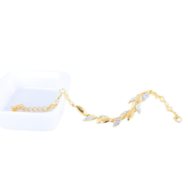 Gold Leaves Bracelet For Women Featuring Electroplated Zinc Alloy With Rhinestone Inlay