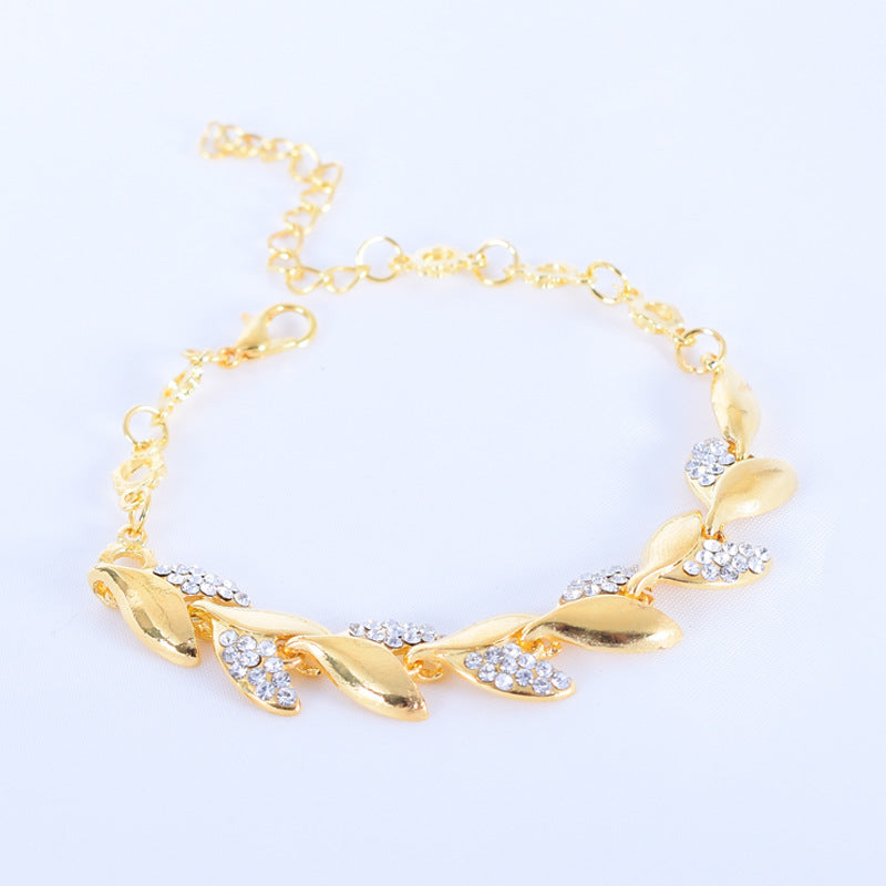 Gold Leaves Bracelet For Women Featuring Electroplated Zinc Alloy With Rhinestone Inlay
