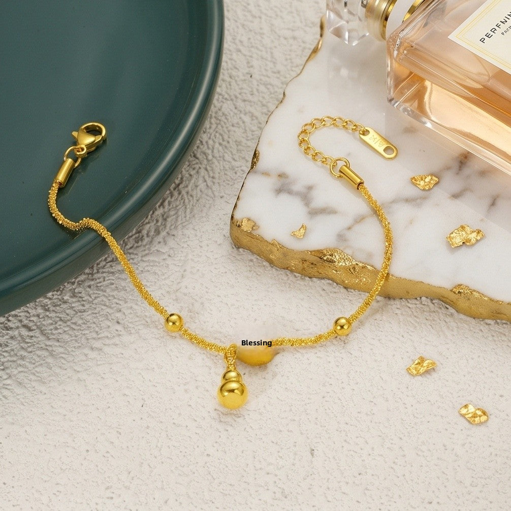 Gourd Bracelet In Titanium Steel With 18K Real Gold Plated Finish, Hip-Hop Style Couple Jewelry