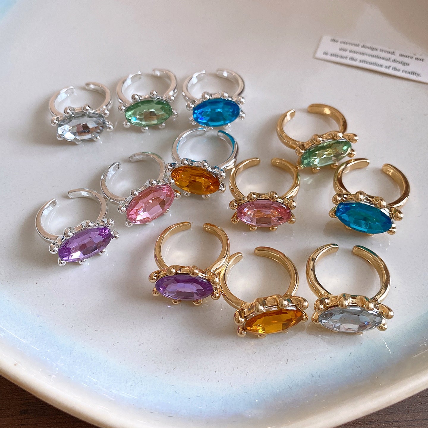Geometric Open Rings For Women In Gold Alloy Featuring Rhinestones With Claw Setting