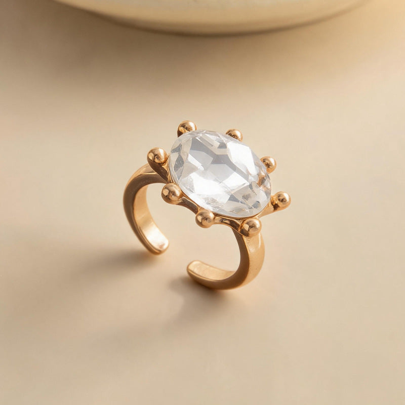 Geometric Open Rings For Women In Gold Alloy Featuring Rhinestones With Claw Setting