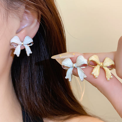Gold Enamel Bow Tie Stud Earrings For Women With 304 Stainless Steel Alloy And Artificial Pearl Inlay