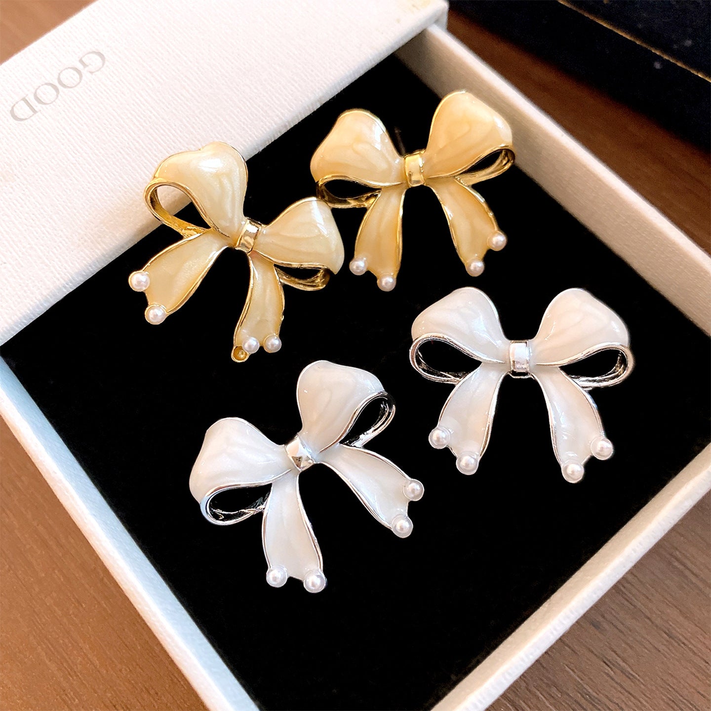 Gold Enamel Bow Tie Stud Earrings For Women With 304 Stainless Steel Alloy And Artificial Pearl Inlay