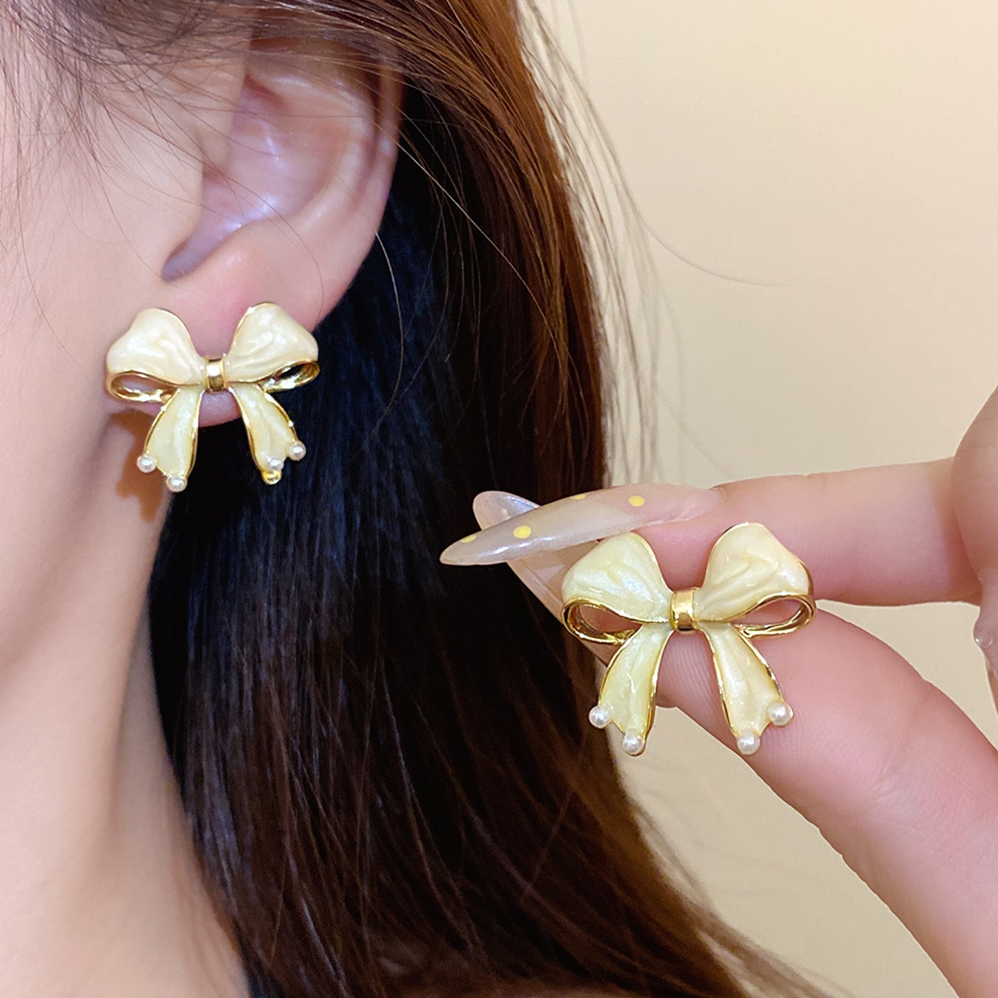 Gold Enamel Bow Tie Stud Earrings For Women With 304 Stainless Steel Alloy And Artificial Pearl Inlay