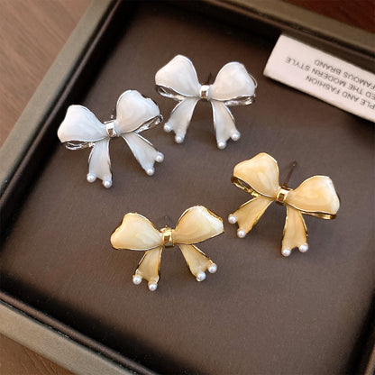 Gold Enamel Bow Tie Stud Earrings For Women With 304 Stainless Steel Alloy And Artificial Pearl Inlay