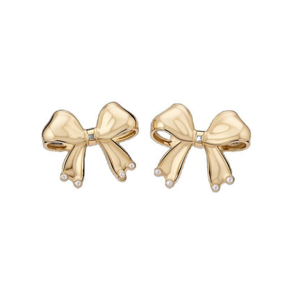 Gold Enamel Bow Tie Stud Earrings For Women With 304 Stainless Steel Alloy And Artificial Pearl Inlay