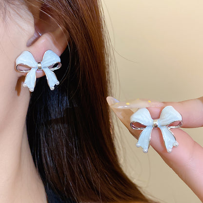 Gold Enamel Bow Tie Stud Earrings For Women With 304 Stainless Steel Alloy And Artificial Pearl Inlay
