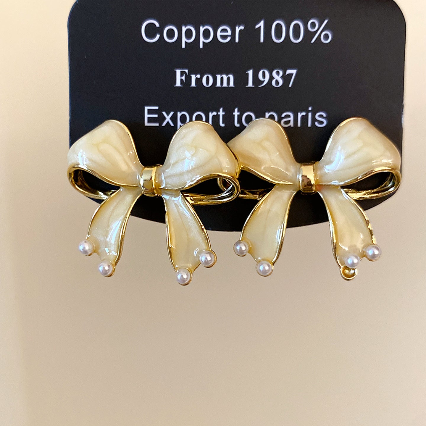 Gold Enamel Bow Tie Stud Earrings For Women With 304 Stainless Steel Alloy And Artificial Pearl Inlay