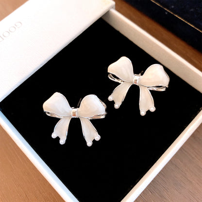 Gold Enamel Bow Tie Stud Earrings For Women With 304 Stainless Steel Alloy And Artificial Pearl Inlay