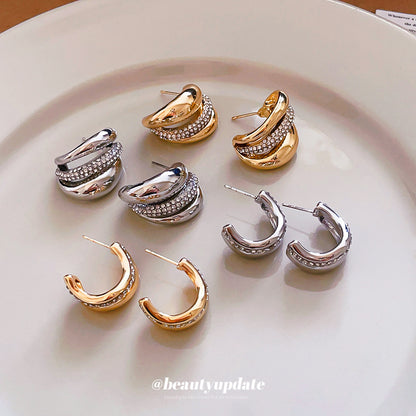 C Shape Stud Earrings For Women In Gold Alloy Featuring Rhinestones With 304 Stainless Steel Ear Pins