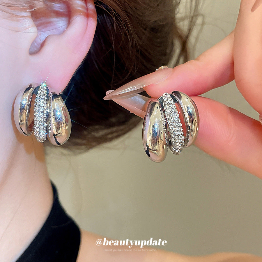 C Shape Stud Earrings For Women In Gold Alloy Featuring Rhinestones With 304 Stainless Steel Ear Pins