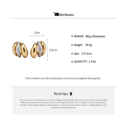 C Shape Stud Earrings For Women In Gold Alloy Featuring Rhinestones With 304 Stainless Steel Ear Pins