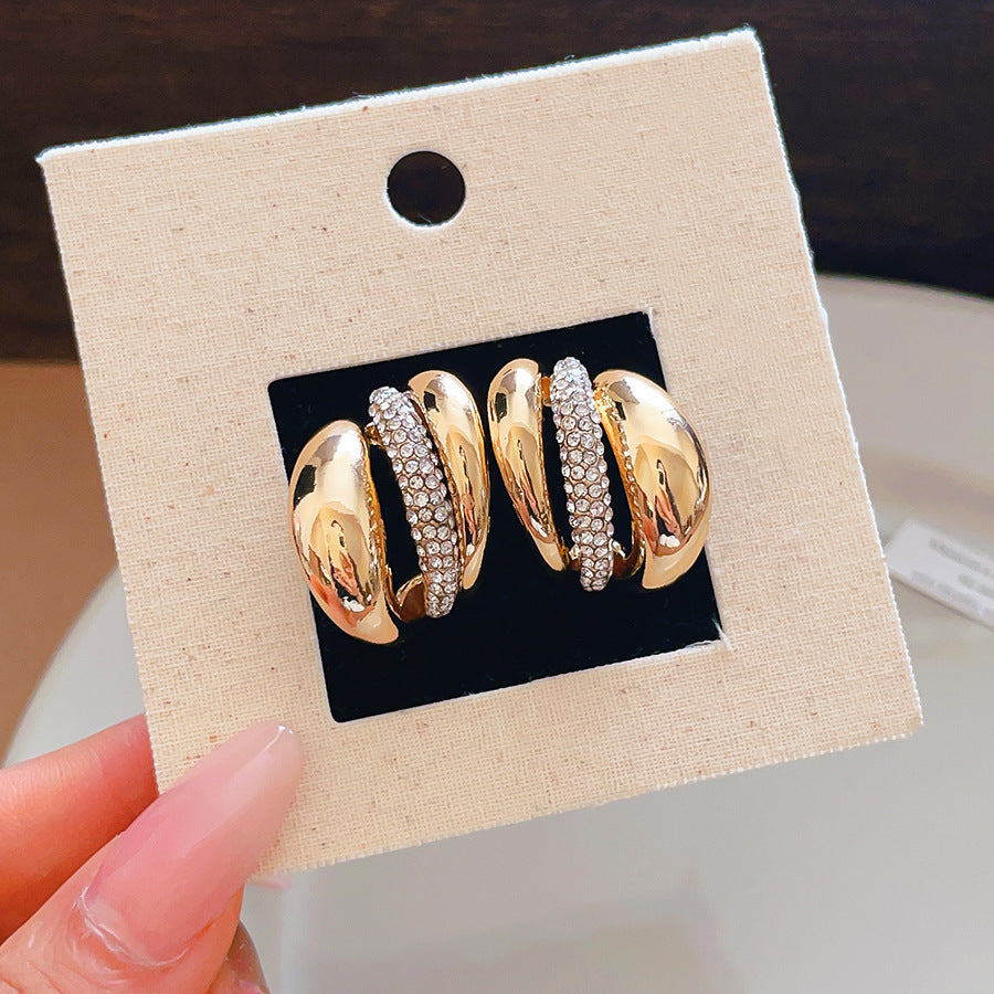 C Shape Stud Earrings For Women In Gold Alloy Featuring Rhinestones With 304 Stainless Steel Ear Pins