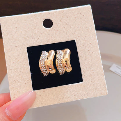 C Shape Stud Earrings For Women In Gold Alloy Featuring Rhinestones With 304 Stainless Steel Ear Pins
