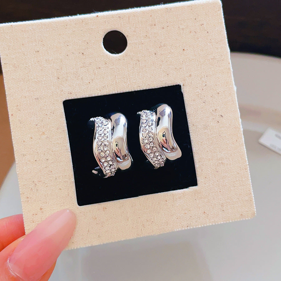 C Shape Stud Earrings For Women In Gold Alloy Featuring Rhinestones With 304 Stainless Steel Ear Pins