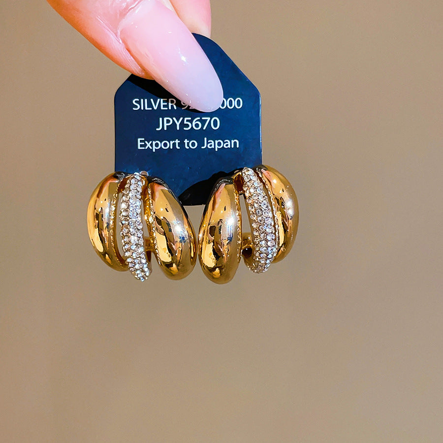 C Shape Stud Earrings For Women In Gold Alloy Featuring Rhinestones With 304 Stainless Steel Ear Pins