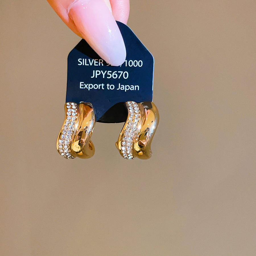 C Shape Stud Earrings For Women In Gold Alloy Featuring Rhinestones With 304 Stainless Steel Ear Pins