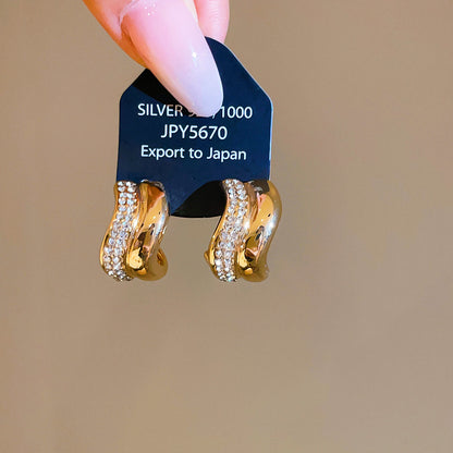 C Shape Stud Earrings For Women In Gold Alloy Featuring Rhinestones With 304 Stainless Steel Ear Pins