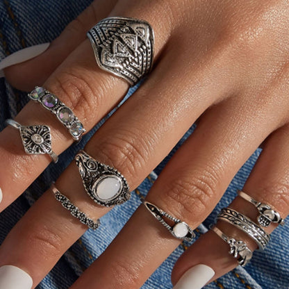 9 Pieces Geometric Rings For Women In Ethnic Style, Alloy Material With Electroplated Finish