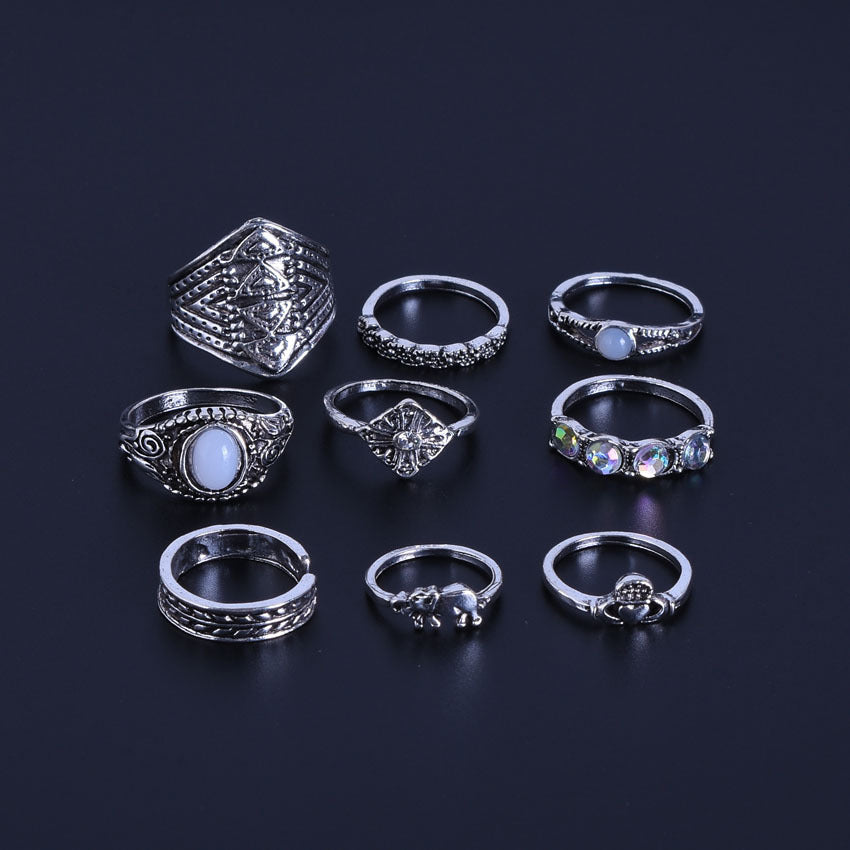 9 Pieces Geometric Rings For Women In Ethnic Style, Alloy Material With Electroplated Finish