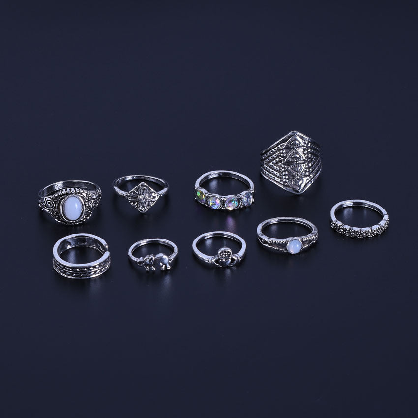 9 Pieces Geometric Rings For Women In Ethnic Style, Alloy Material With Electroplated Finish