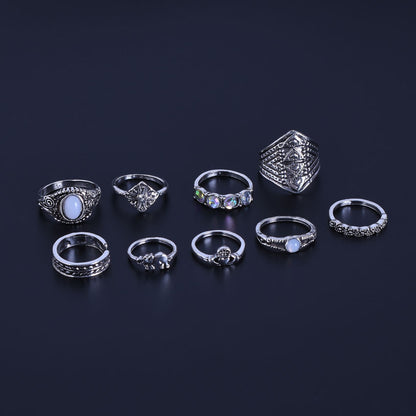 9 Pieces Geometric Rings For Women In Ethnic Style, Alloy Material With Electroplated Finish