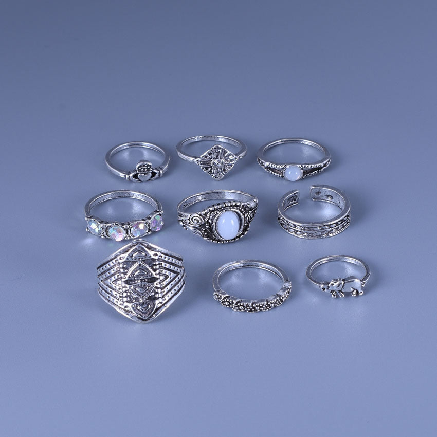 9 Pieces Geometric Rings For Women In Ethnic Style, Alloy Material With Electroplated Finish