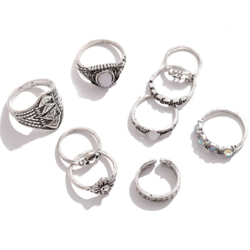 9 Pieces Geometric Rings For Women In Ethnic Style, Alloy Material With Electroplated Finish