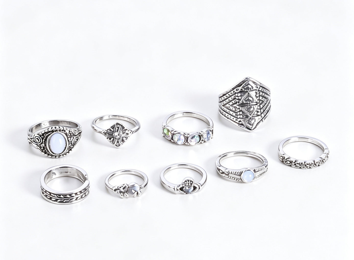 9 Pieces Geometric Rings For Women In Ethnic Style, Alloy Material With Electroplated Finish