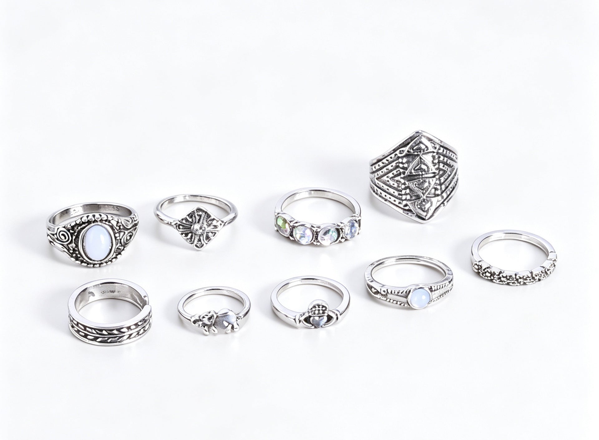9 Pieces Geometric Rings For Women In Ethnic Style, Alloy Material With Electroplated Finish