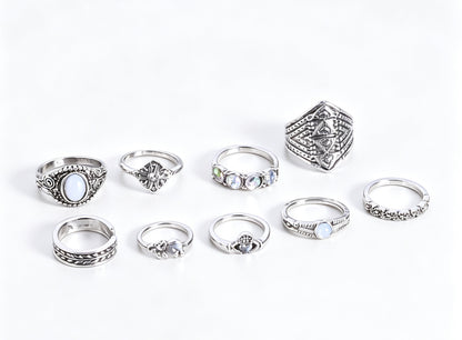 9 Pieces Geometric Rings For Women In Ethnic Style, Alloy Material With Electroplated Finish