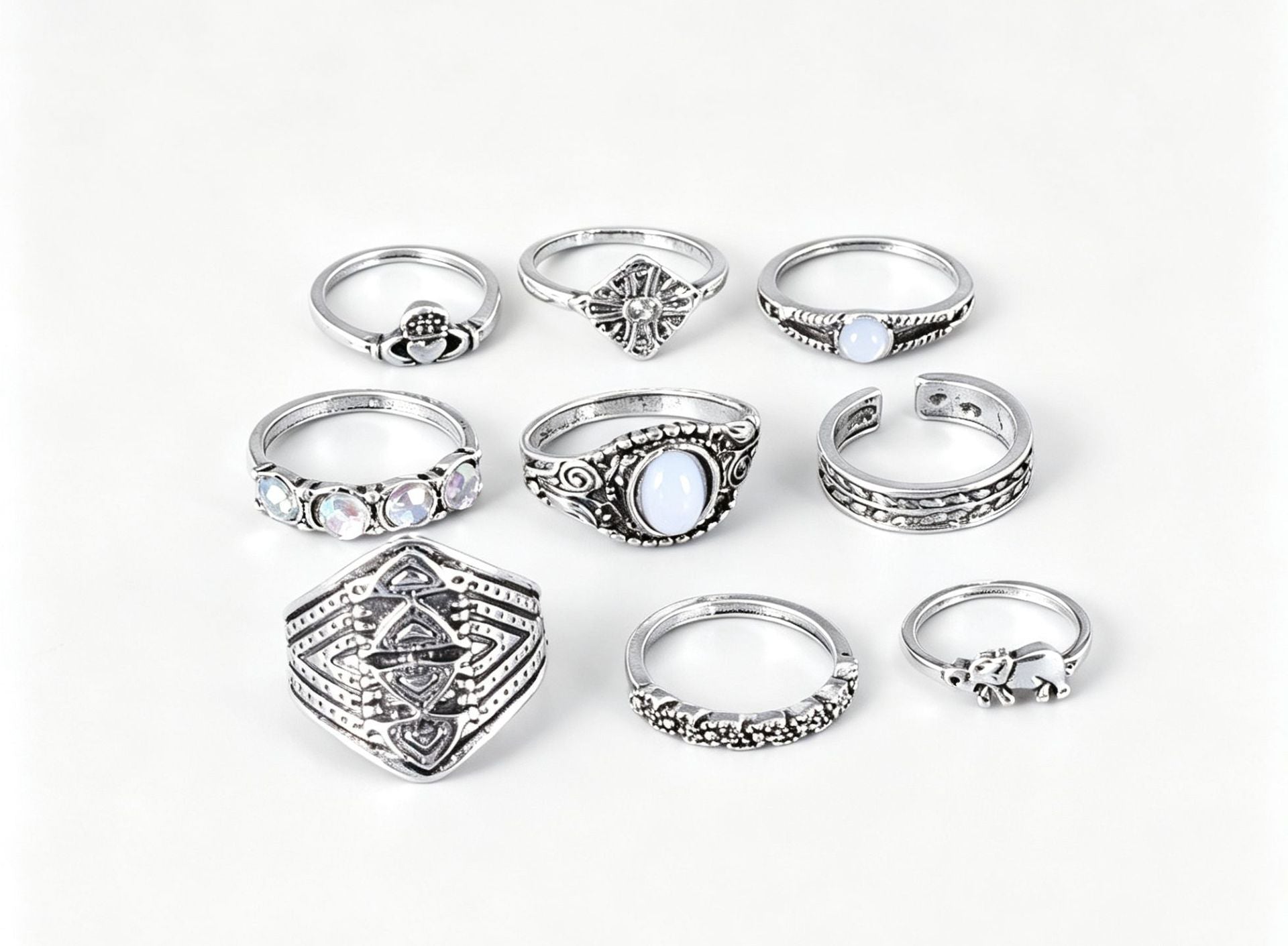 9 Pieces Geometric Rings For Women In Ethnic Style, Alloy Material With Electroplated Finish