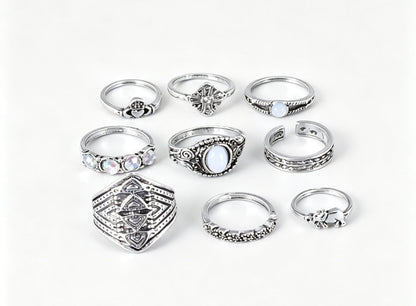9 Pieces Geometric Rings For Women In Ethnic Style, Alloy Material With Electroplated Finish